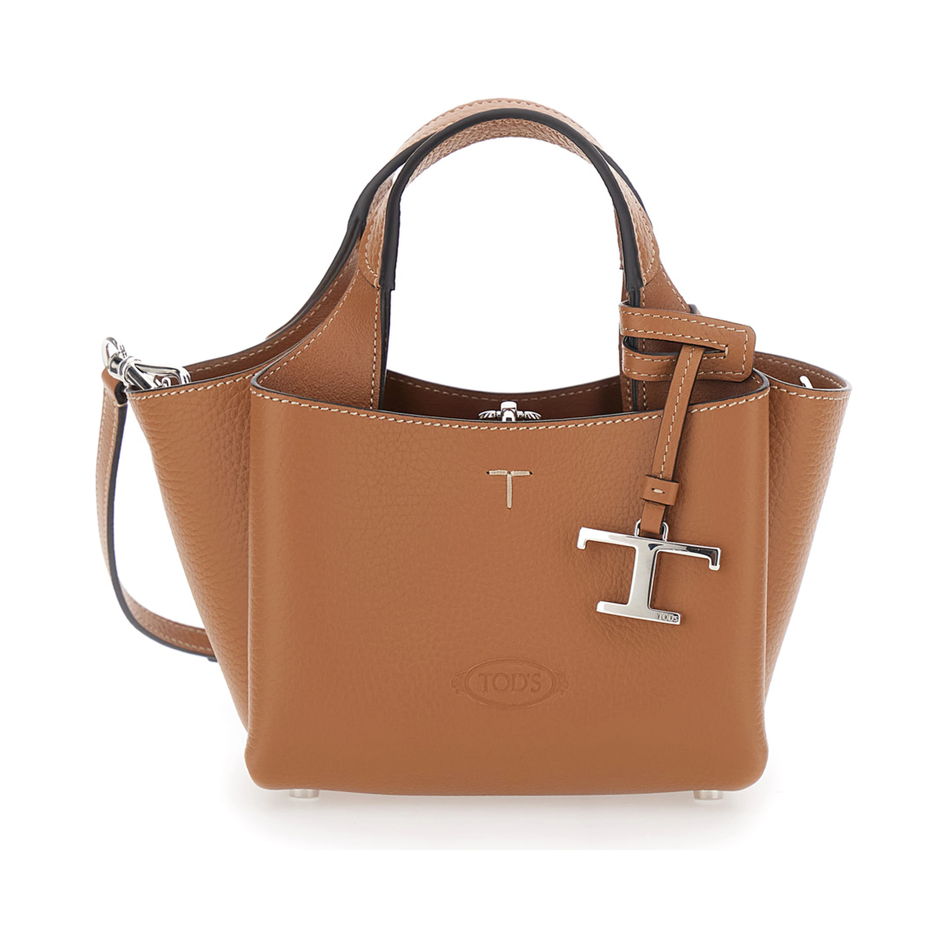 Brown Handbag with adjustable and removable shoulder strap and T plaque pendant on the front in grained leather for women