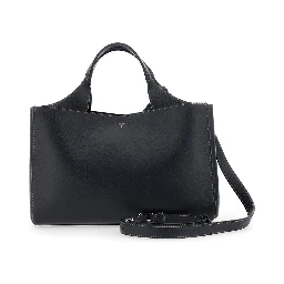 Black Handbag with T Plate on the Front and Adjustable Strap in Leather for Women