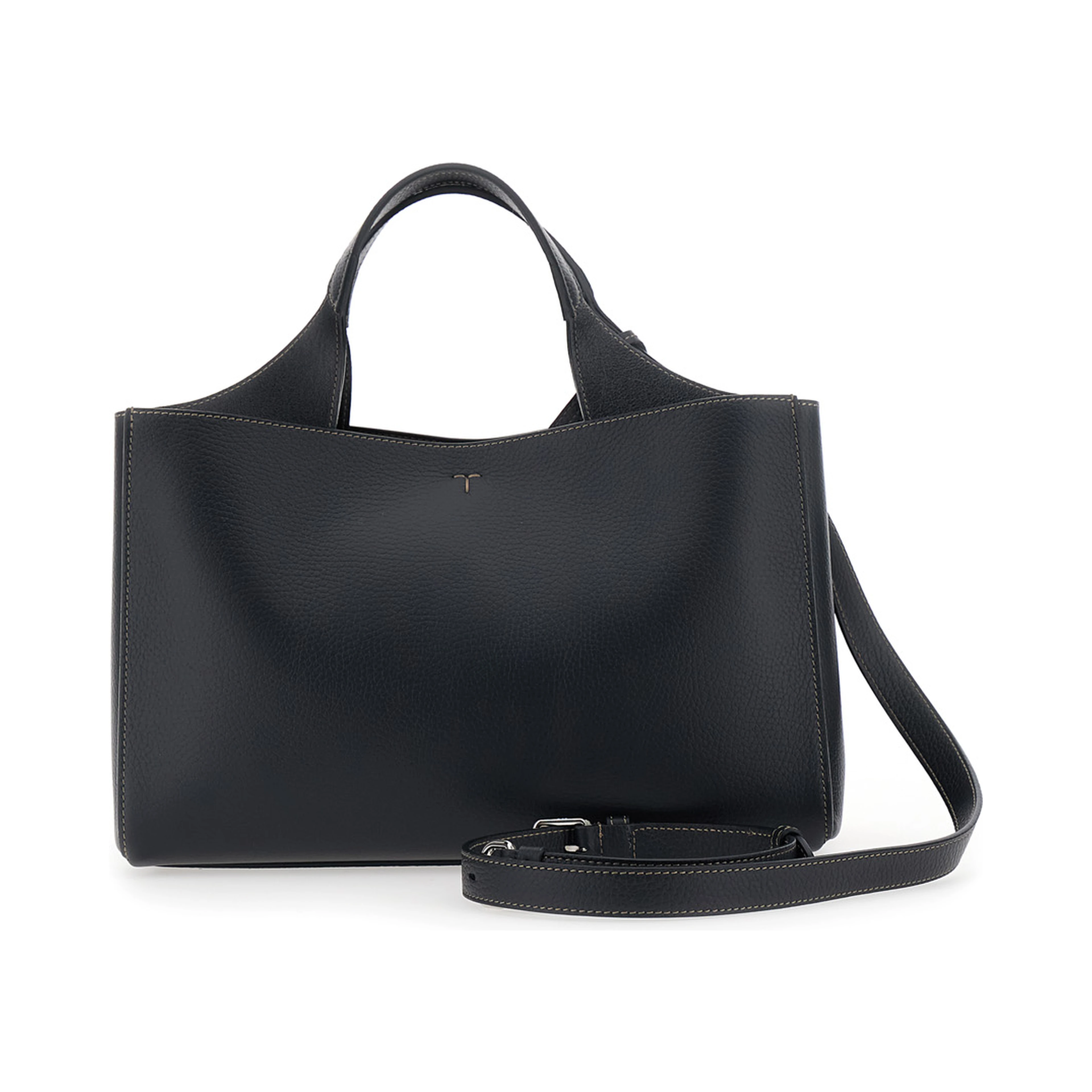 Black Handbag with T Plate on the Front and Adjustable Strap in Leather for Women