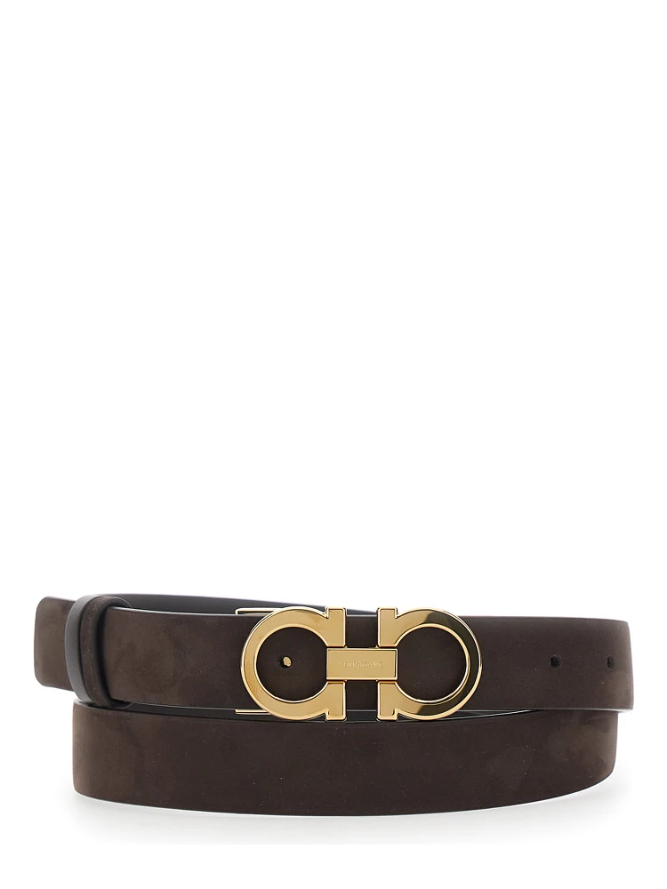 Dark Brown Belt with Gancini buckle on the Front in Suede for Women