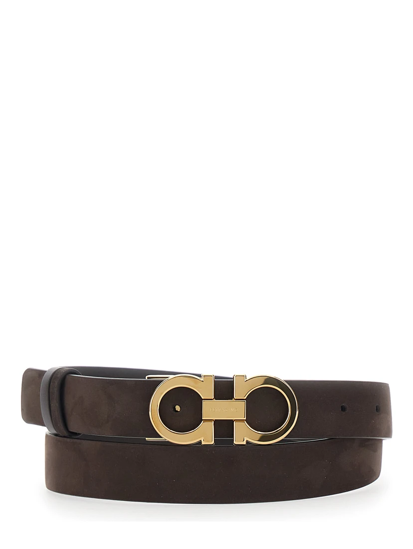 Dark Brown Belt with Gancini buckle on the Front in Suede for Women