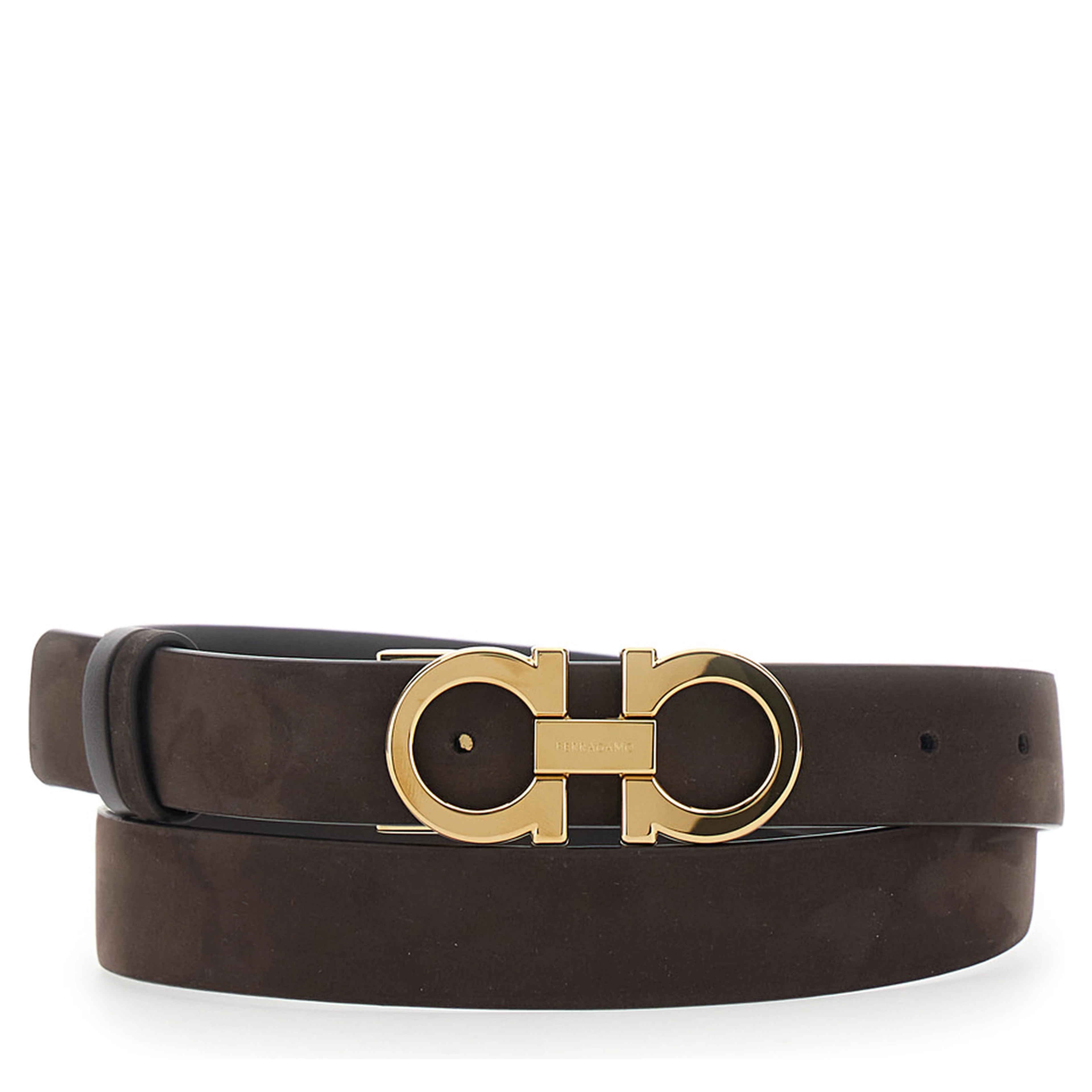 Dark Brown Belt with Gancini buckle on the Front in Suede for Women
