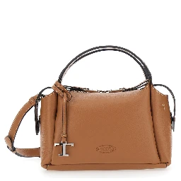 Brown Shoulder bag with T plaque on the front and adjustable and removable strap in leather for women