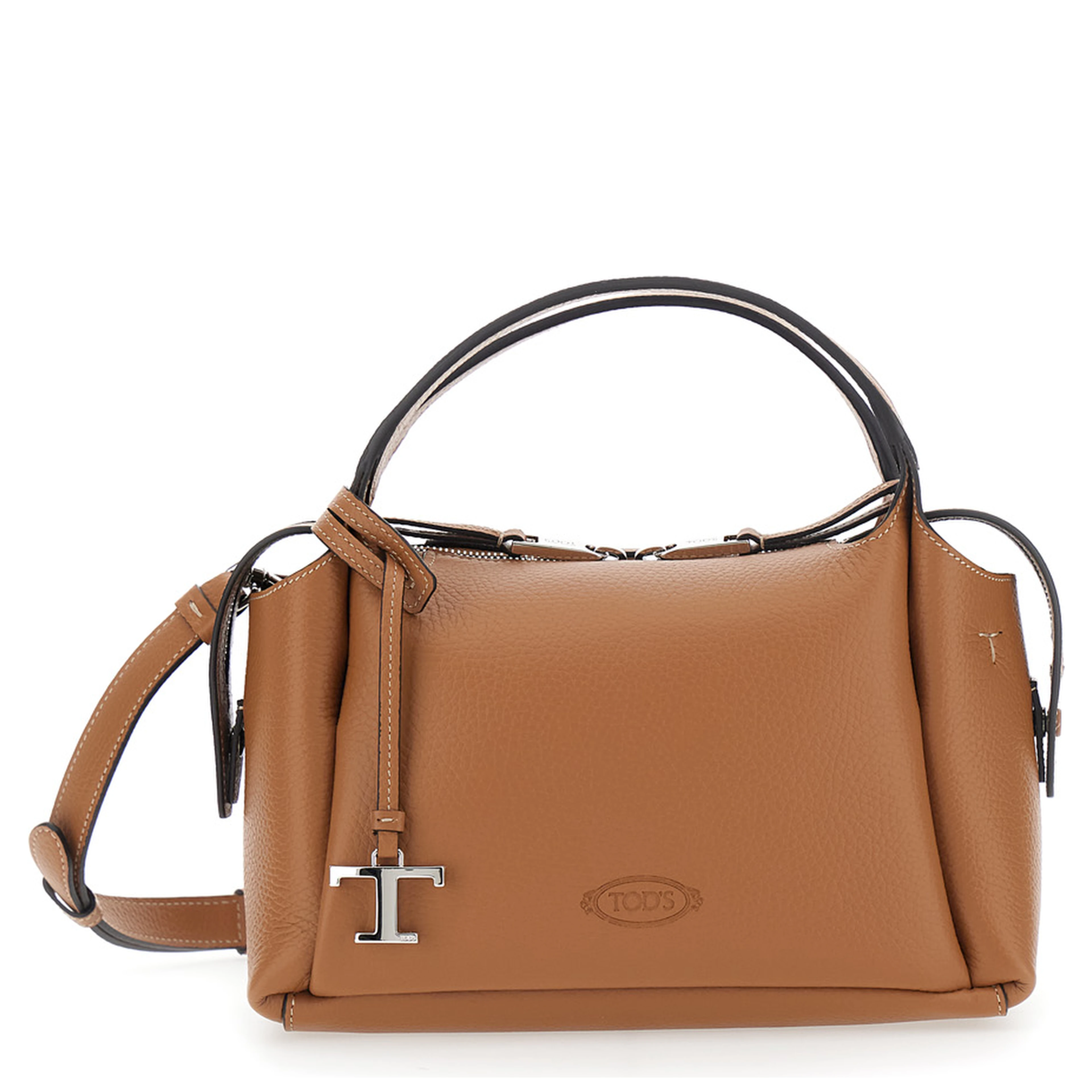 Brown Shoulder bag with T plaque on the front and adjustable and removable strap in leather for women
