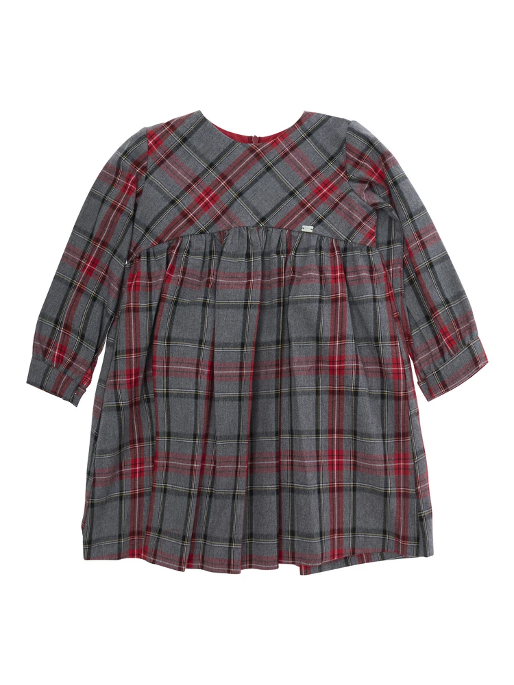 Grey Dress with round neck and check motif all-over in cotton Girl