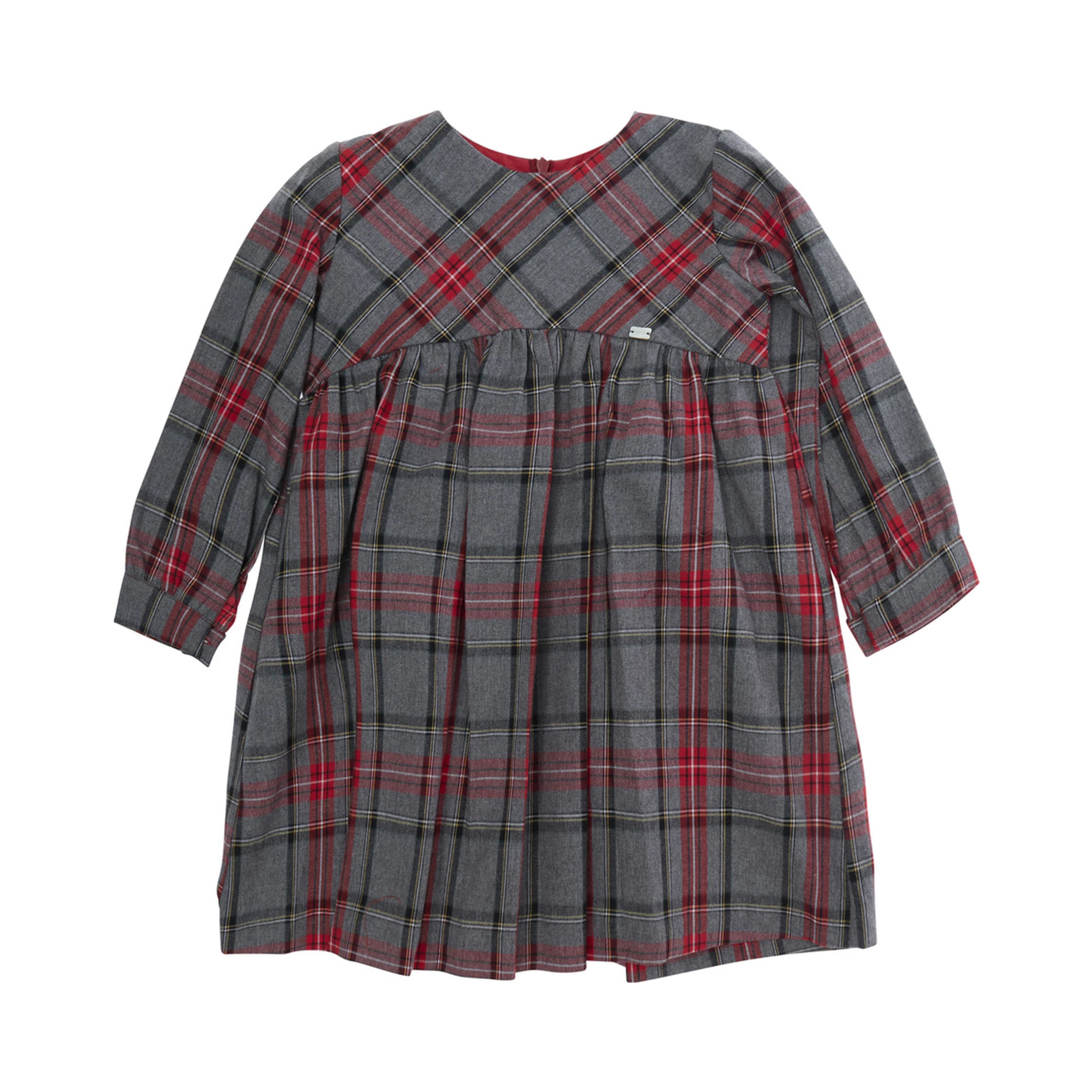 Grey Dress with round neck and check motif all-over in cotton Girl
