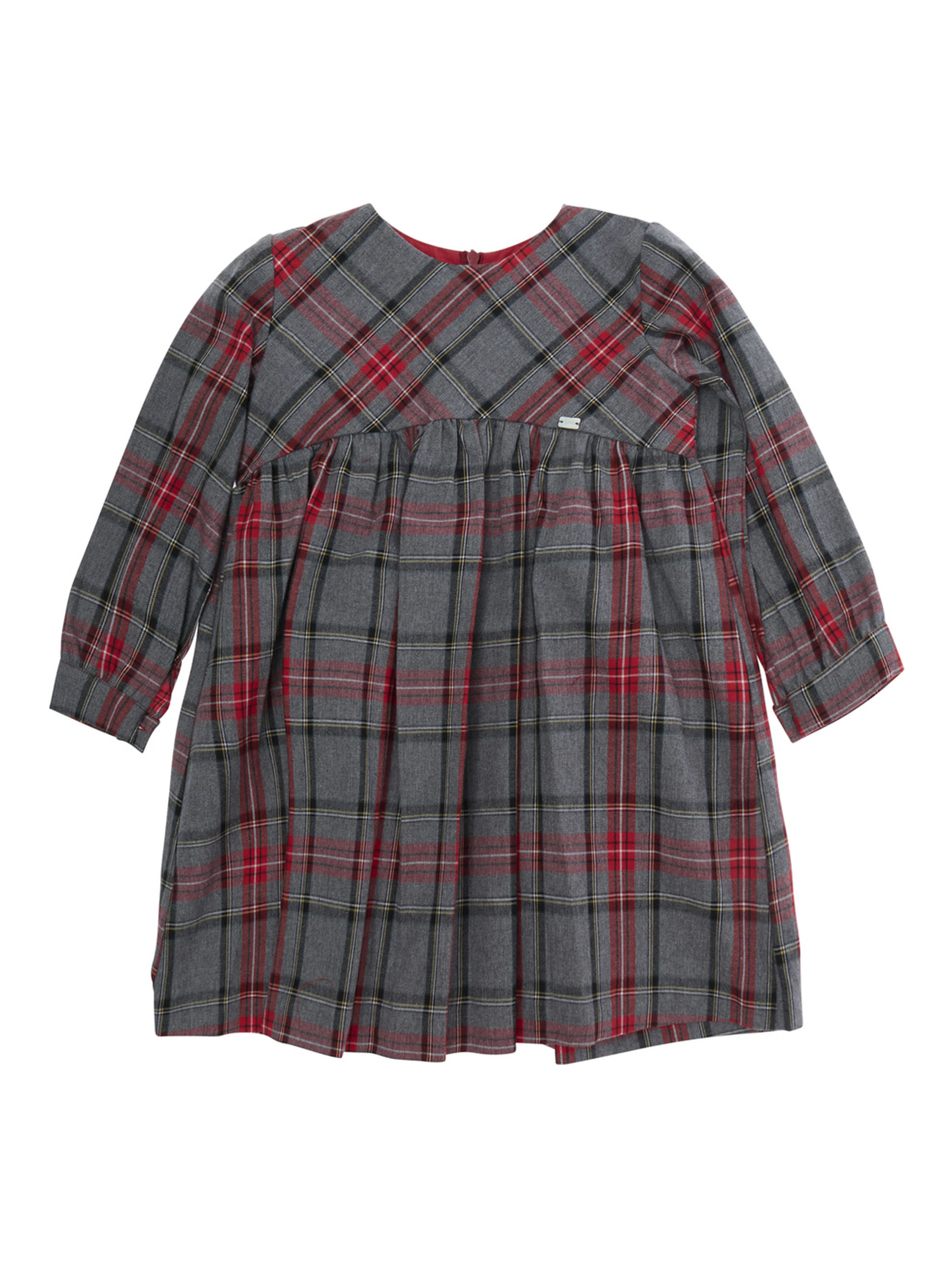 Grey Dress with round neck and check motif all-over in cotton Girl