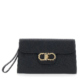 black Clutch with Double Gancini buckle on the front in grained leather for women