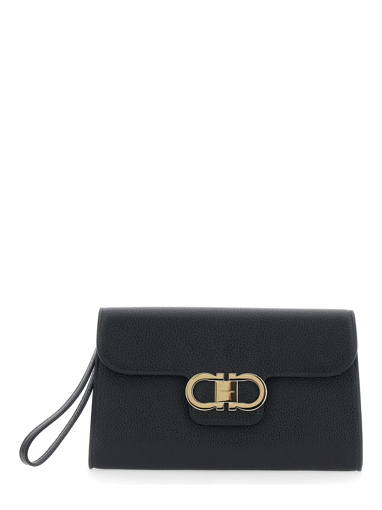 black Clutch with Double Gancini buckle on the front in grained leather for women