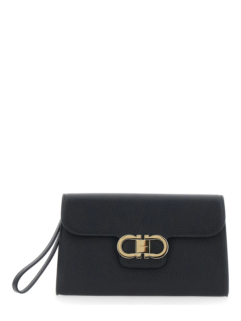 black Clutch with Double Gancini buckle on the front in grained leather for women