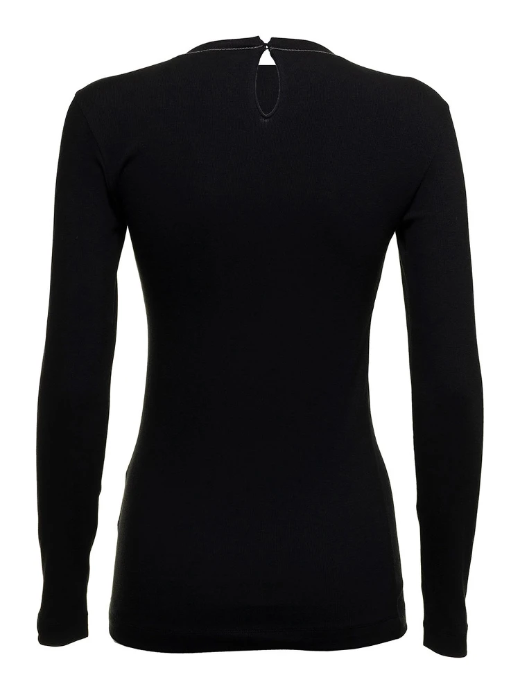 Black Long Sleeve T-shirt with Round Neck and Monile Details in Cotton Women