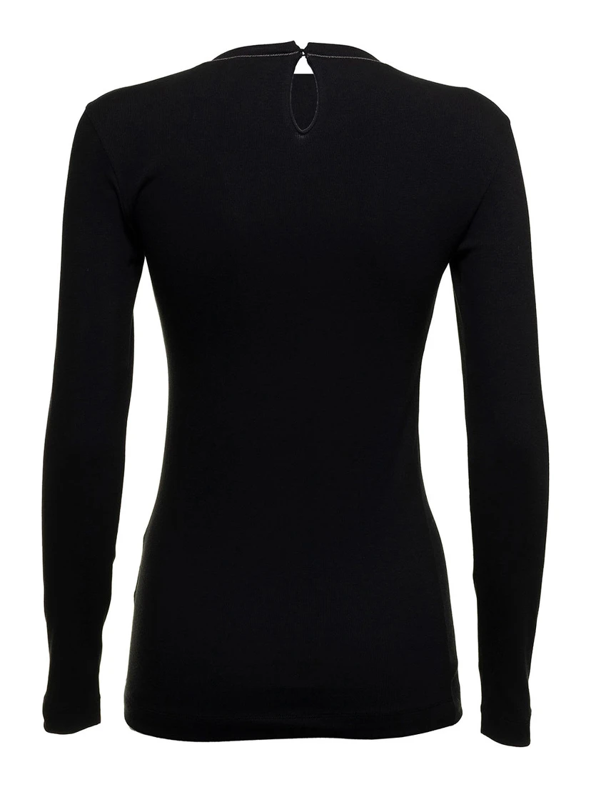 Black Long Sleeve T-shirt with Round Neck and Monile Details in Cotton Women