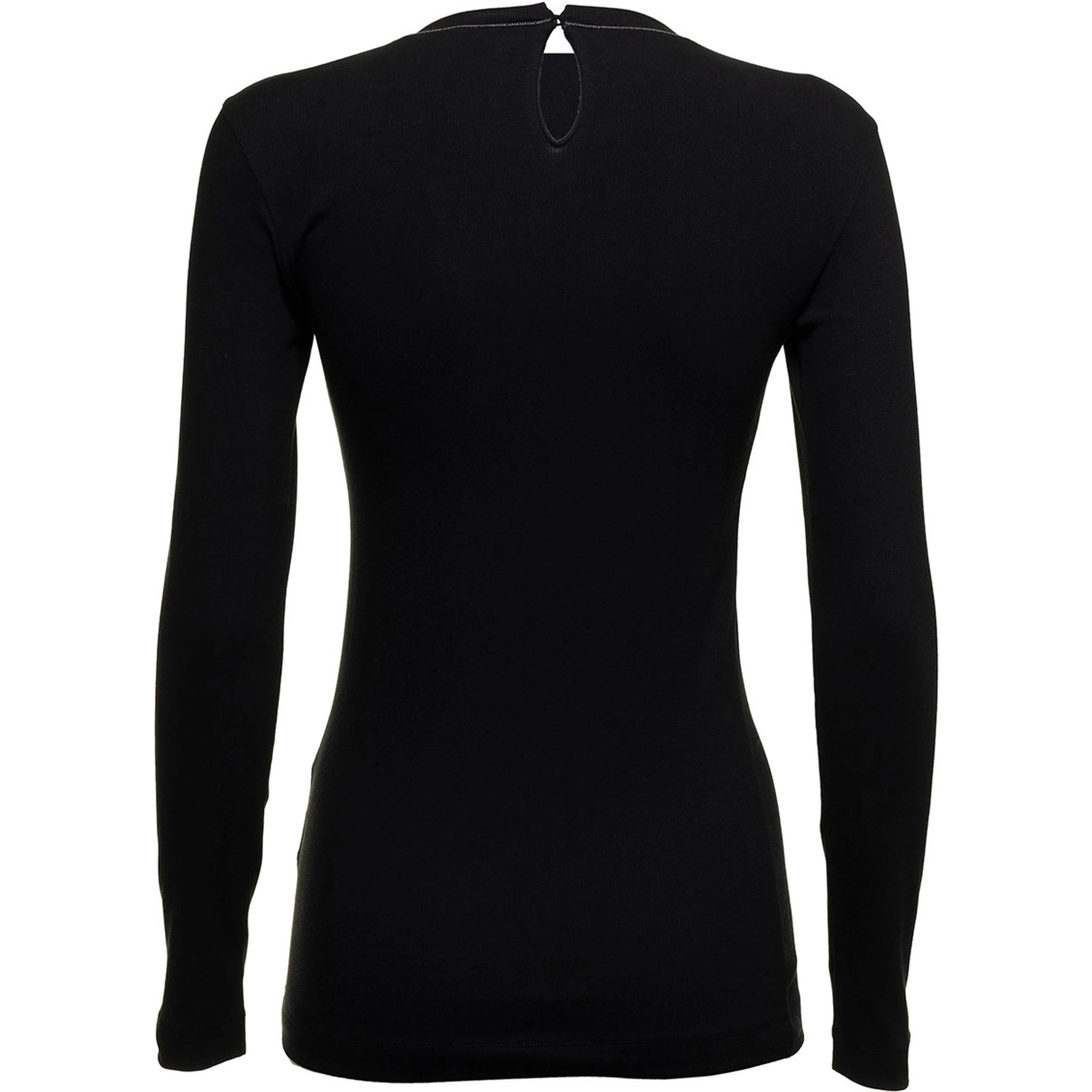 Black Long Sleeve T-shirt with Round Neck and Monile Details in Cotton Women