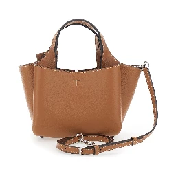Brown Handbag with adjustable and removable shoulder strap and T plaque pendant on the front in grained leather for women