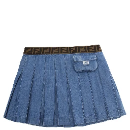 Blue Pleated Skirt with Elastic Waist with FF Motif and Front Pocket with FF Plate in Denim Girl