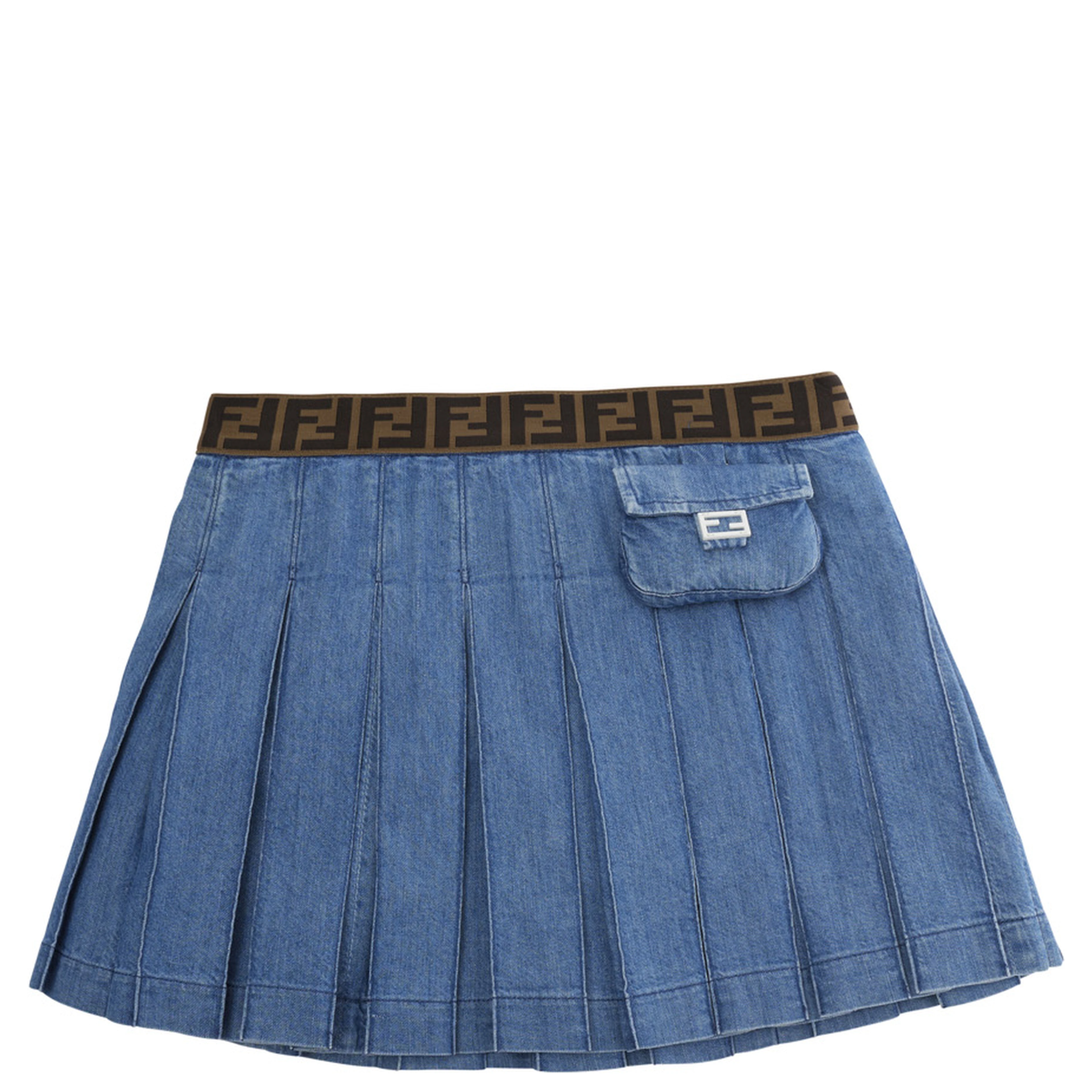 Blue Pleated Skirt with Elastic Waist with FF Motif and Front Pocket with FF Plate in Denim Girl