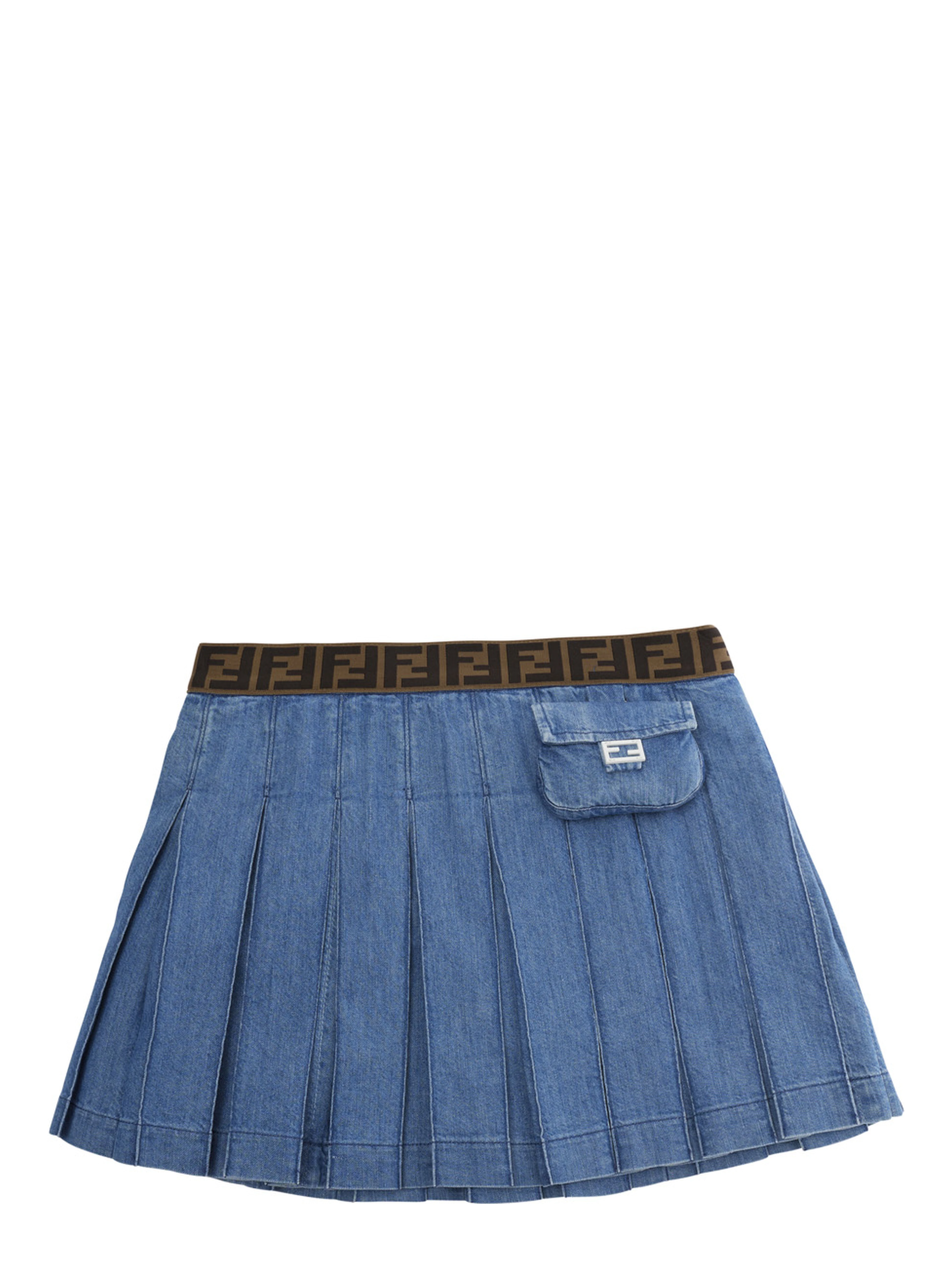Blue Pleated Skirt with Elastic Waist with FF Motif and Front Pocket with FF Plate in Denim Girl
