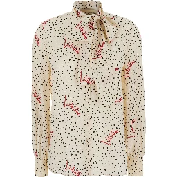 White Blouse with Bow Detail on the Front and All-Over Polka Dot Motif with  Logo in Silk for Women