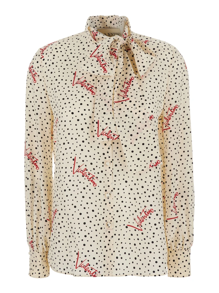 White Blouse with Bow Detail on the Front and All-Over Polka Dot Motif with Logo in Silk for Women