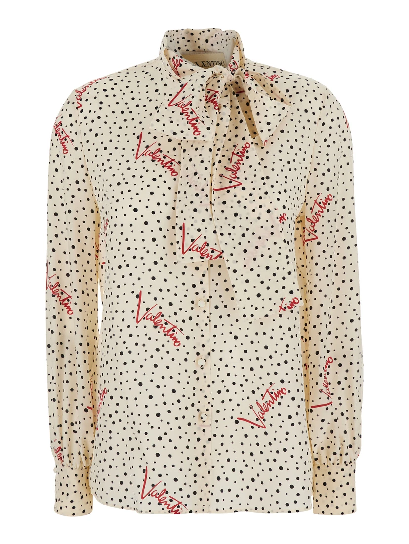 White Blouse with Bow Detail on the Front and All-Over Polka Dot Motif with Logo in Silk for Women