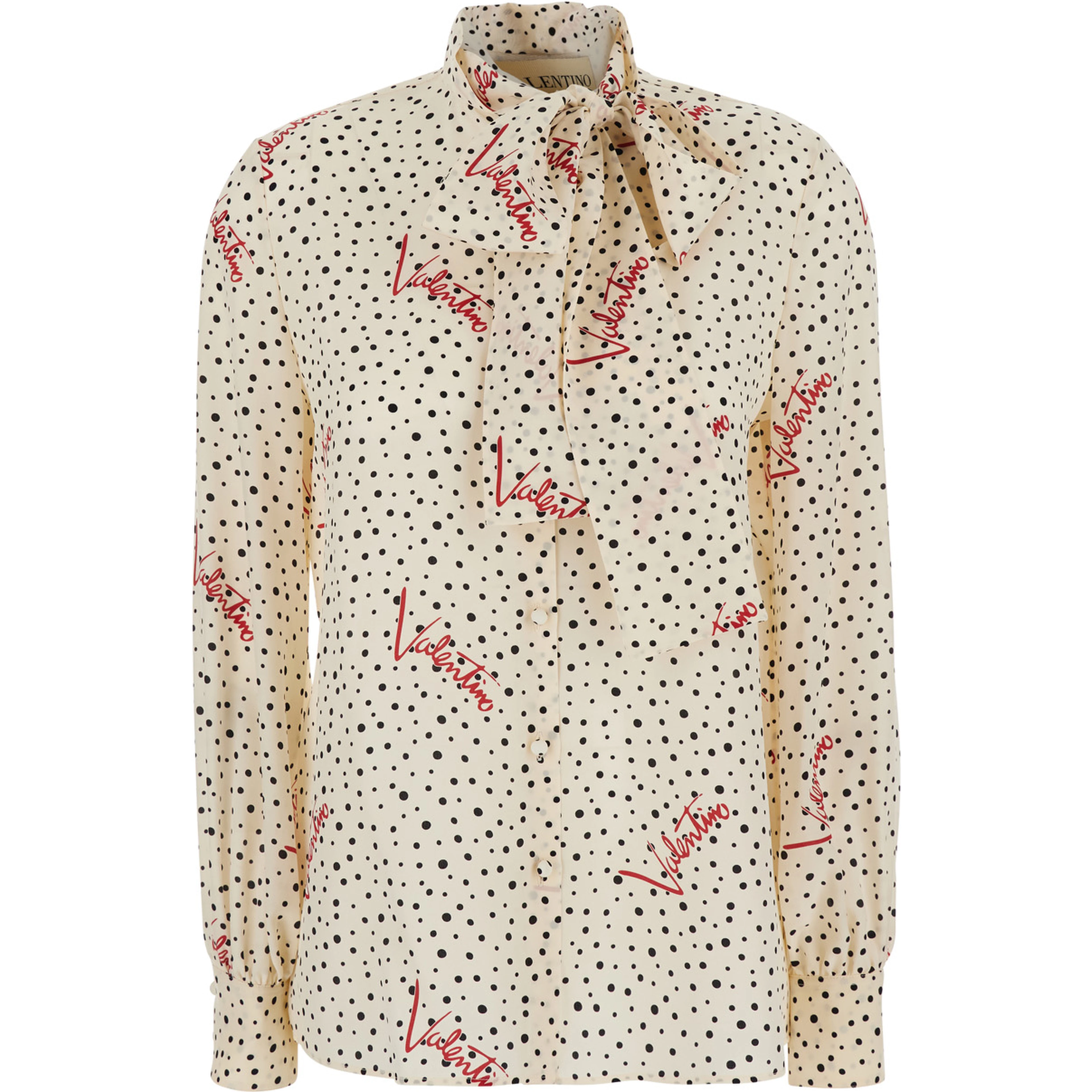 White Blouse with Bow Detail on the Front and All-Over Polka Dot Motif with  Logo in Silk for Women