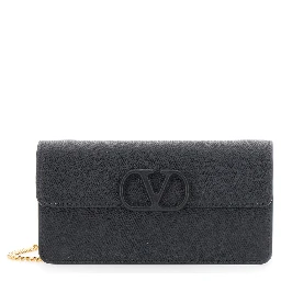 Black mini bag with chain strap and VLogo plaque on the front in leather for women