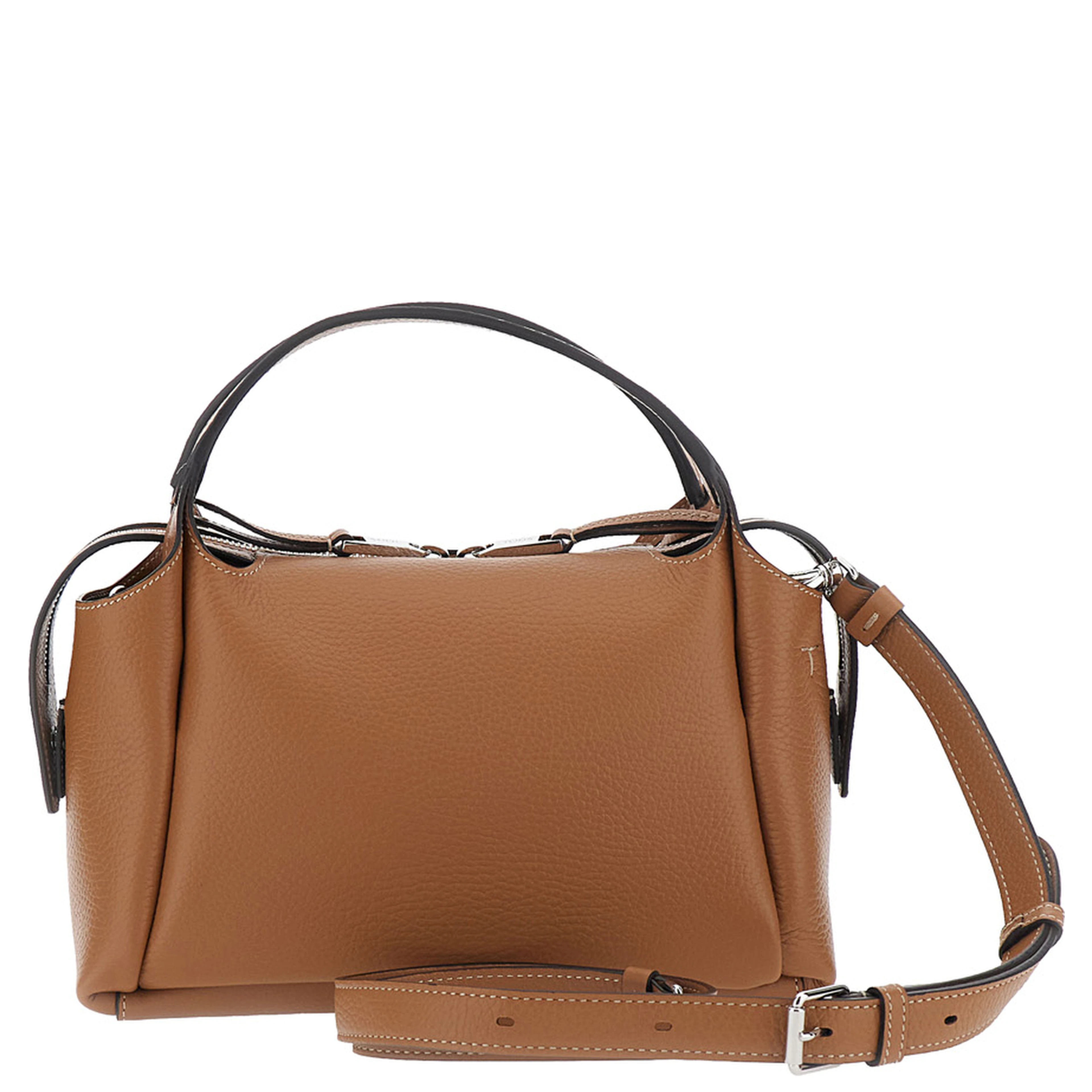 Brown Shoulder bag with T plaque on the front and adjustable and removable strap in leather for women