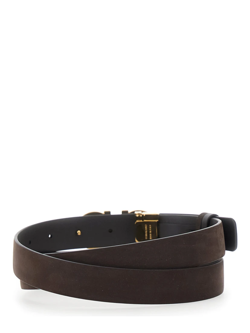 Dark Brown Belt with Gancini buckle on the Front in Suede for Women