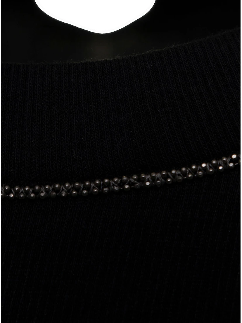Black Long Sleeve T-shirt with Round Neck and Monile Details in Cotton Women