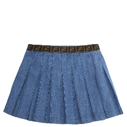 Blue Pleated Skirt with Elastic Waist with FF Motif and Front Pocket with FF Plate in Denim Girl