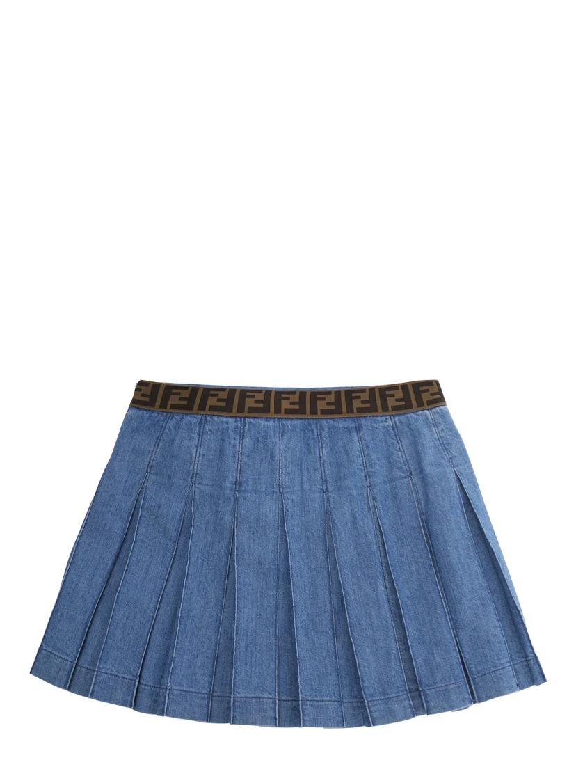 Blue Pleated Skirt with Elastic Waist with FF Motif and Front Pocket with FF Plate in Denim Girl