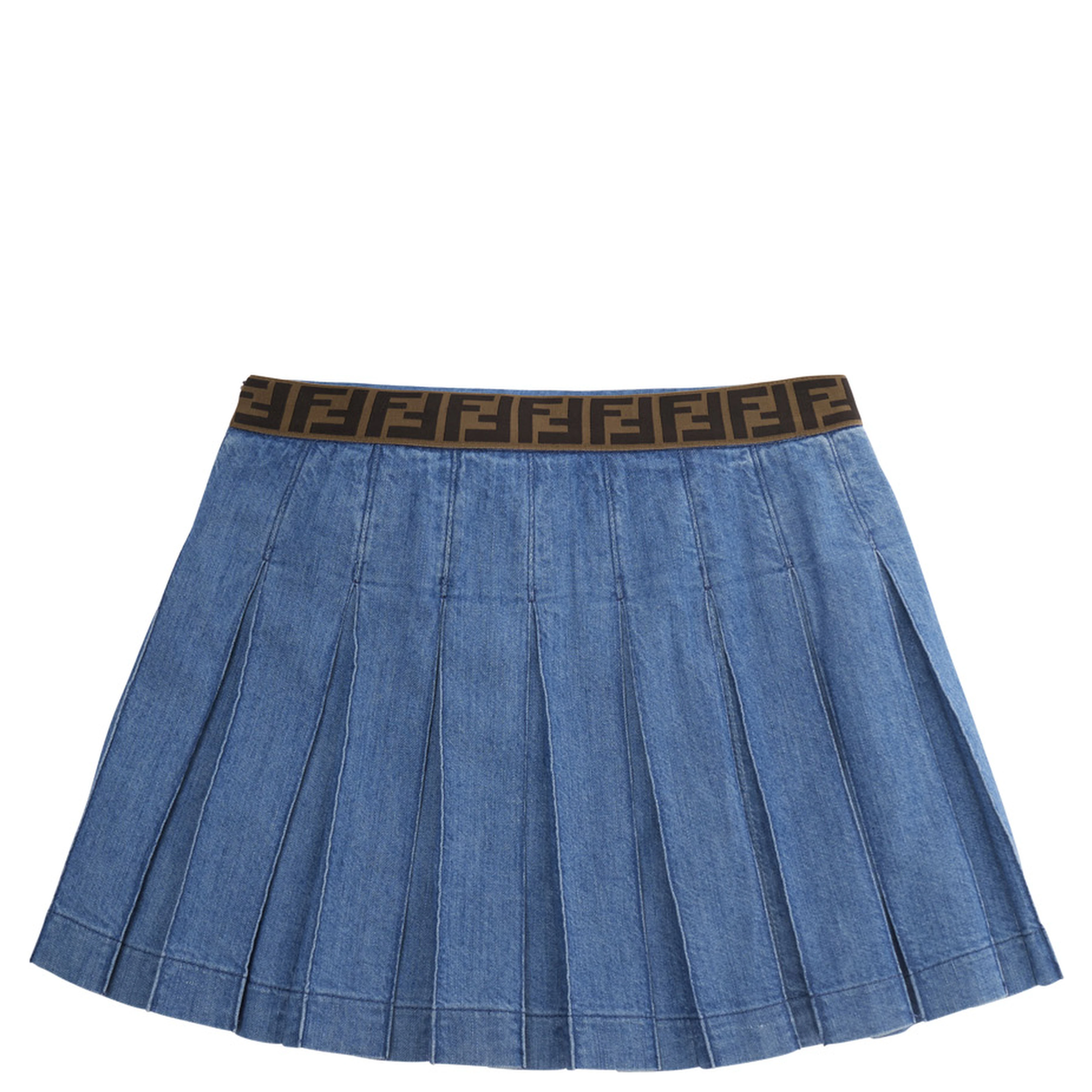 Blue Pleated Skirt with Elastic Waist with FF Motif and Front Pocket with FF Plate in Denim Girl
