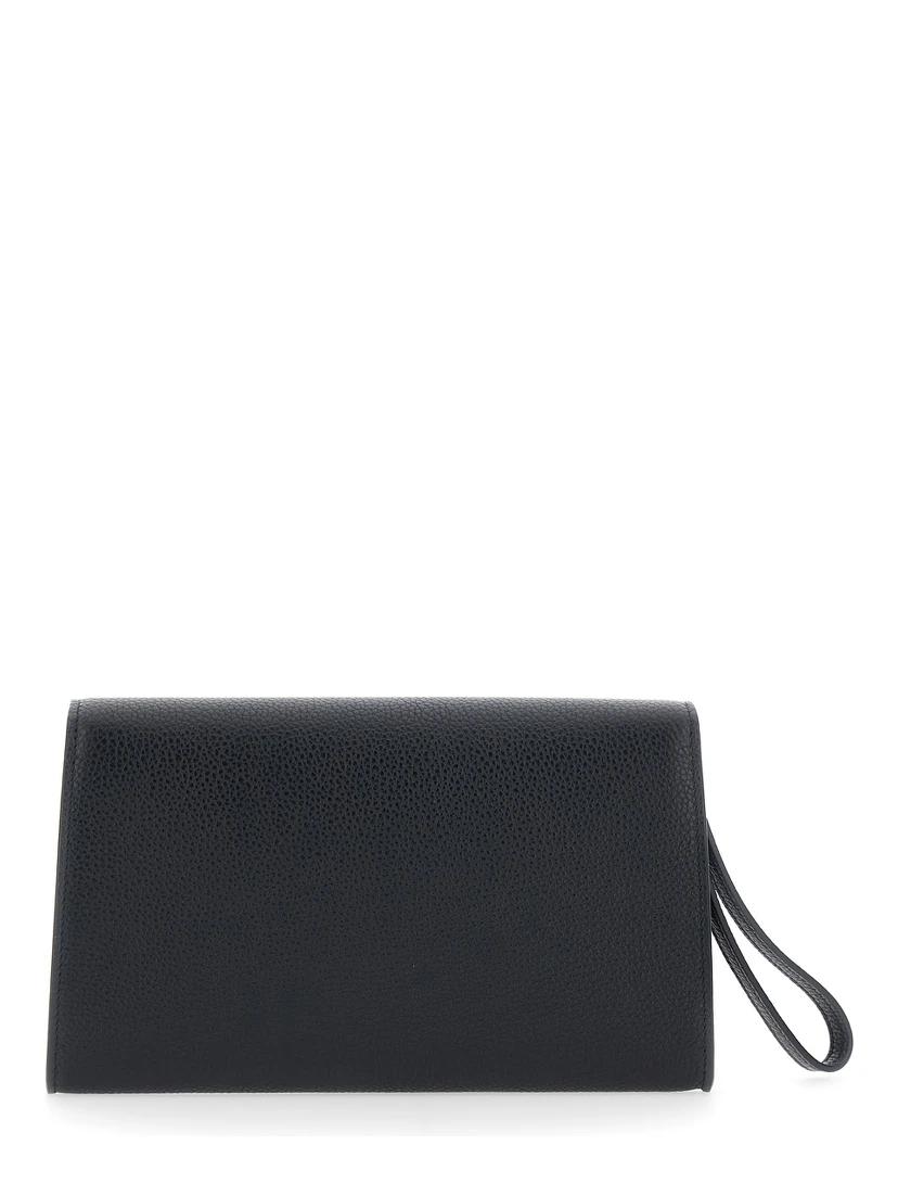 black Clutch with Double Gancini buckle on the front in grained leather for women