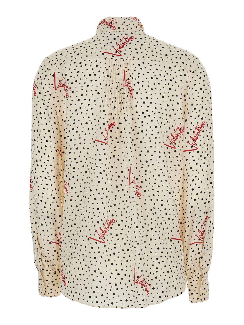 White Blouse with Bow Detail on the Front and All-Over Polka Dot Motif with Logo in Silk for Women