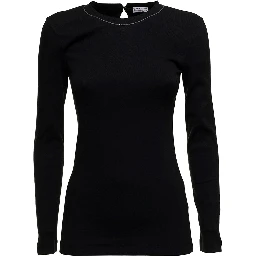 Black Long Sleeve T-shirt with Round Neck and Monile Details in Cotton Women