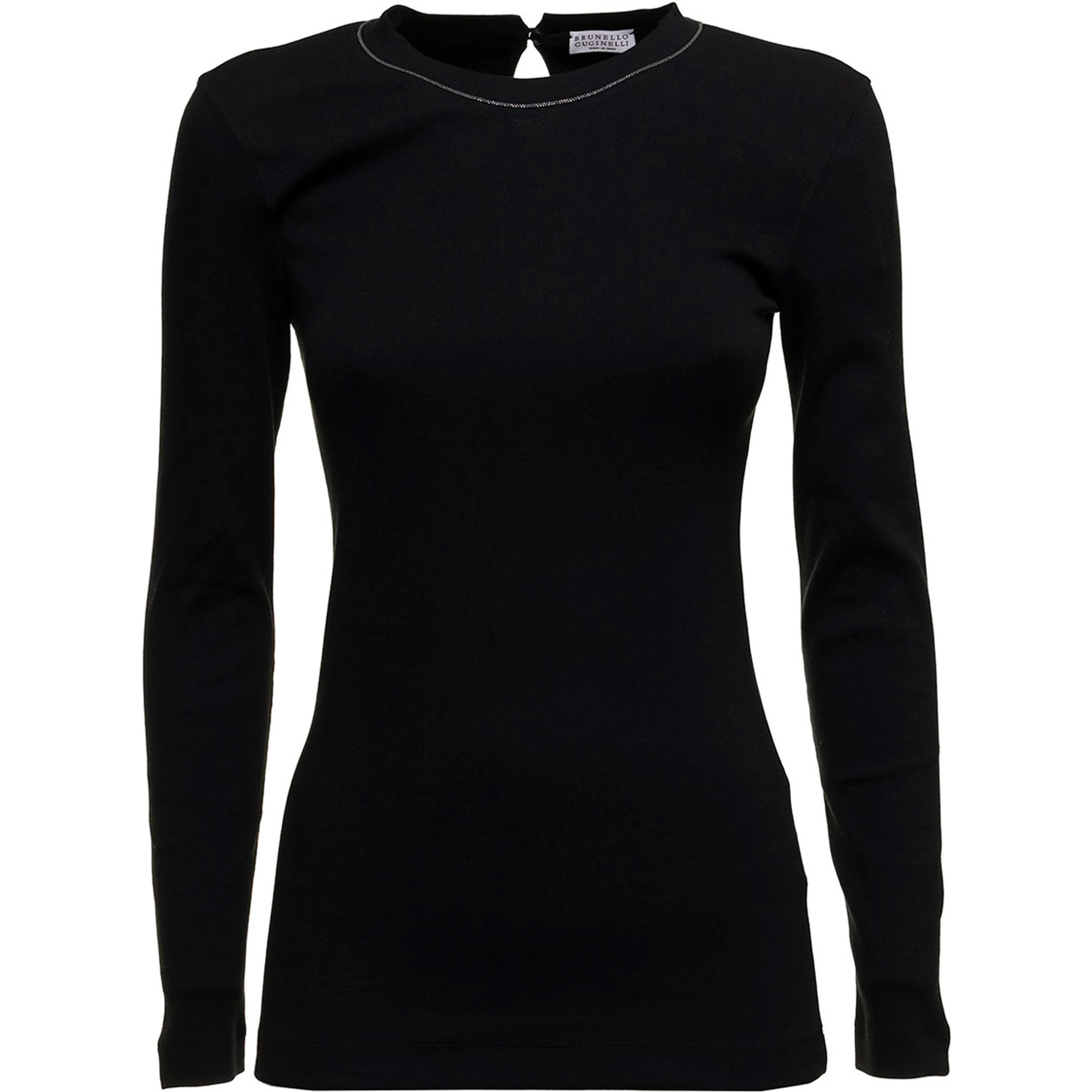 Black Long Sleeve T-shirt with Round Neck and Monile Details in Cotton Women