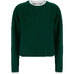 Sarah Green Sweater with Contrasting Round Neck in Wool and Cashmere for Women