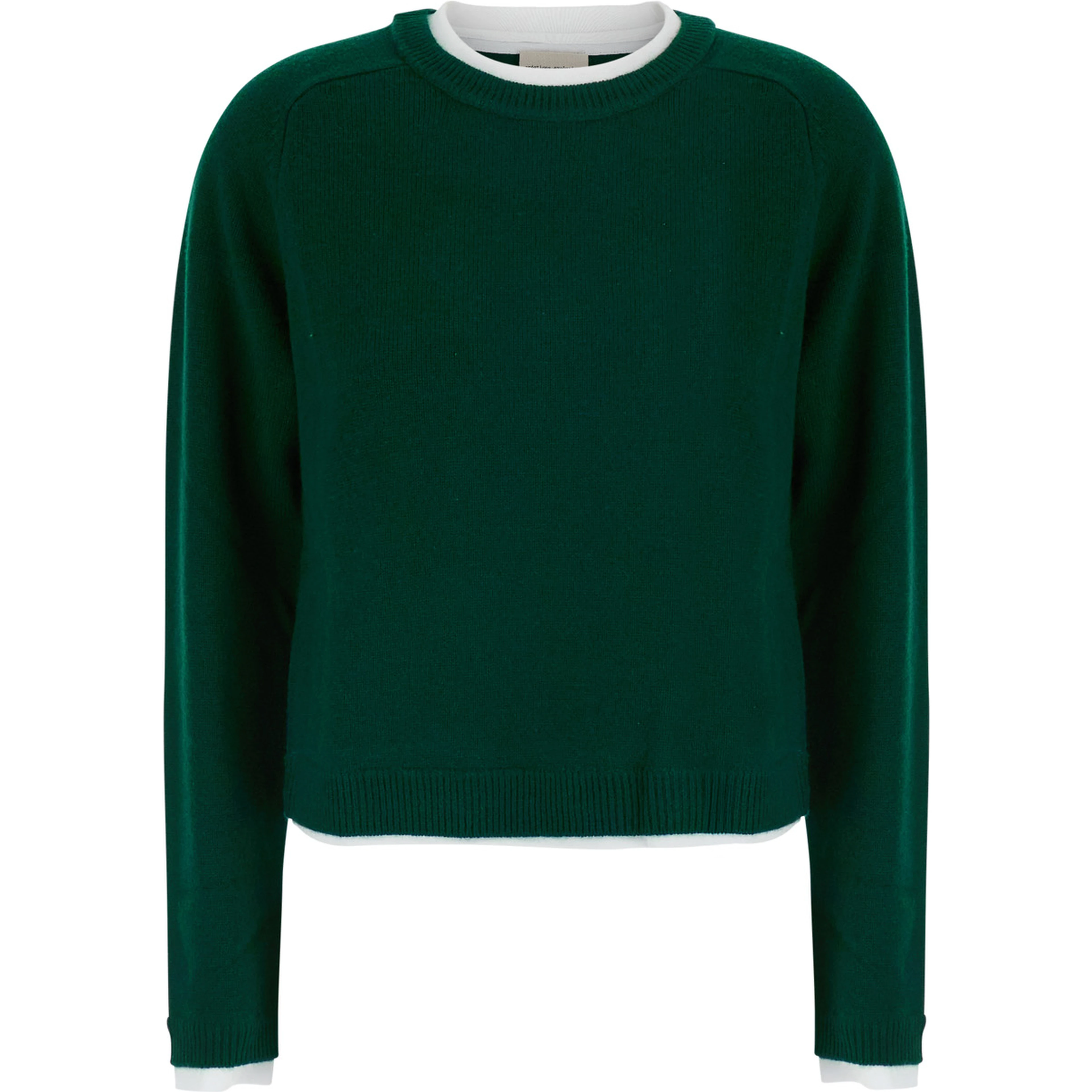 Sarah Green Sweater with Contrasting Round Neck in Wool and Cashmere for Women