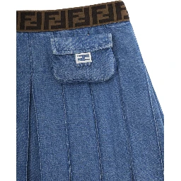 Blue Pleated Skirt with Elastic Waist with FF Motif and Front Pocket with FF Plate in Denim Girl