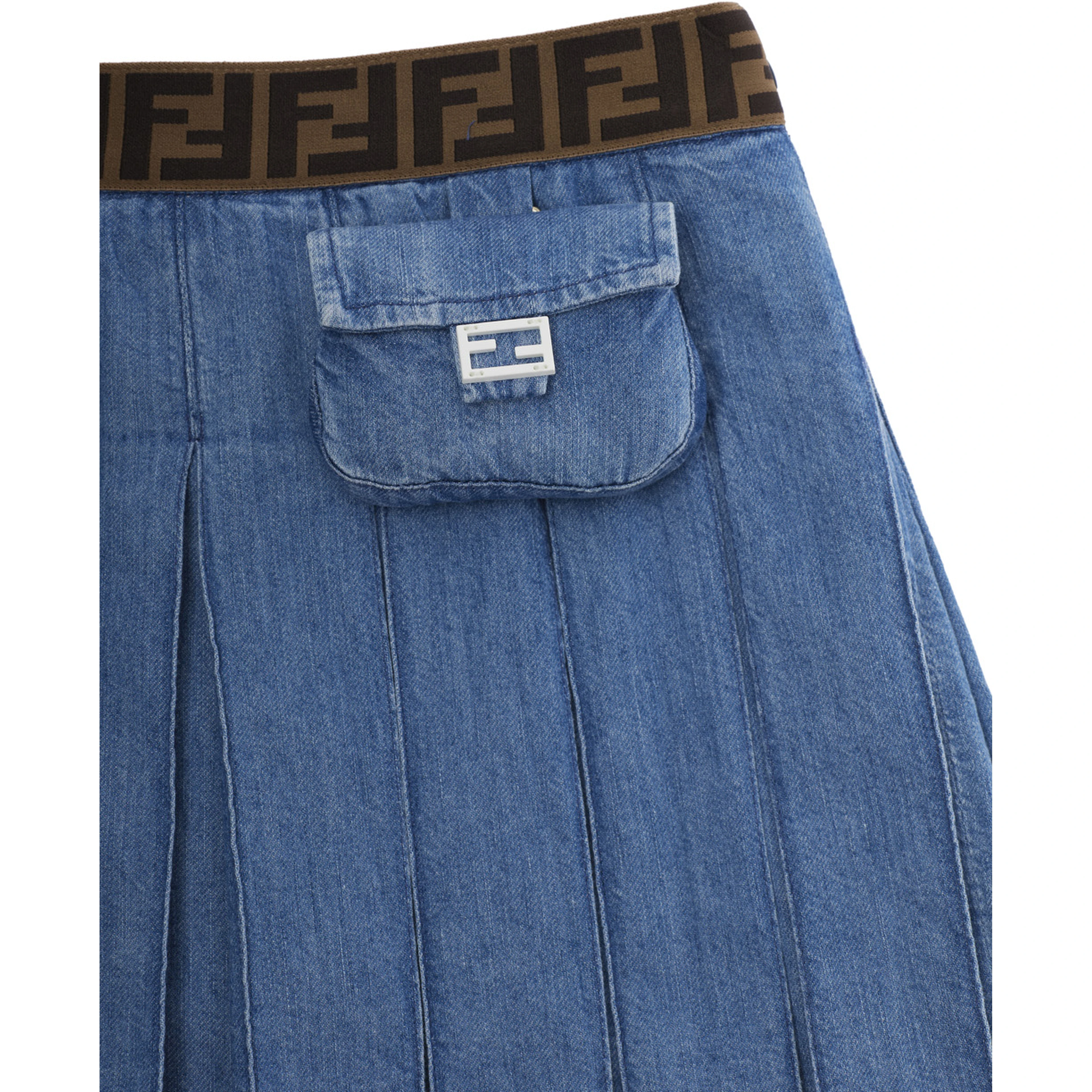 Blue Pleated Skirt with Elastic Waist with FF Motif and Front Pocket with FF Plate in Denim Girl