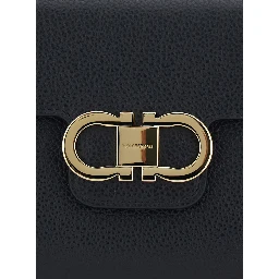 black Clutch with Double Gancini buckle on the front in grained leather for women