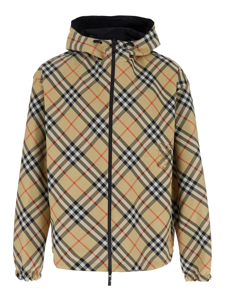 Reversible Jacket with EKD Logo Embroidery and Check Motif Beige Men