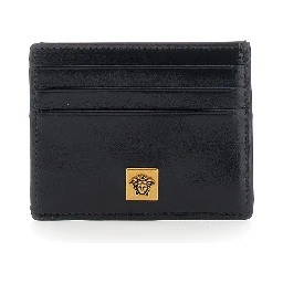 black Card holder with embossed logo on the front in leather for men