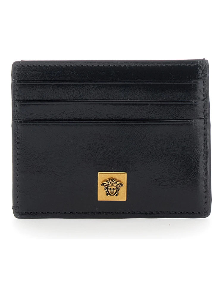 black Card holder with embossed logo on the front in leather for men