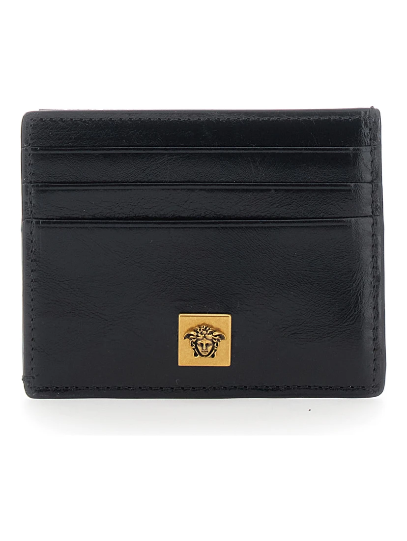 black Card holder with embossed logo on the front in leather for men