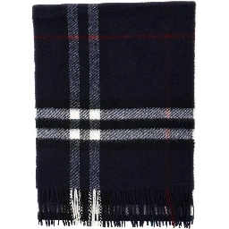 Blue Scarf with Fringed Edges and All-Over Check Motif in Cashmere for Women