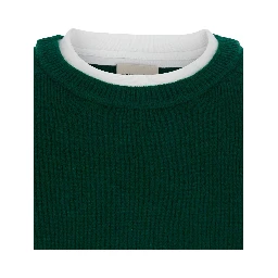 Sarah Green Sweater with Contrasting Round Neck in Wool and Cashmere for Women