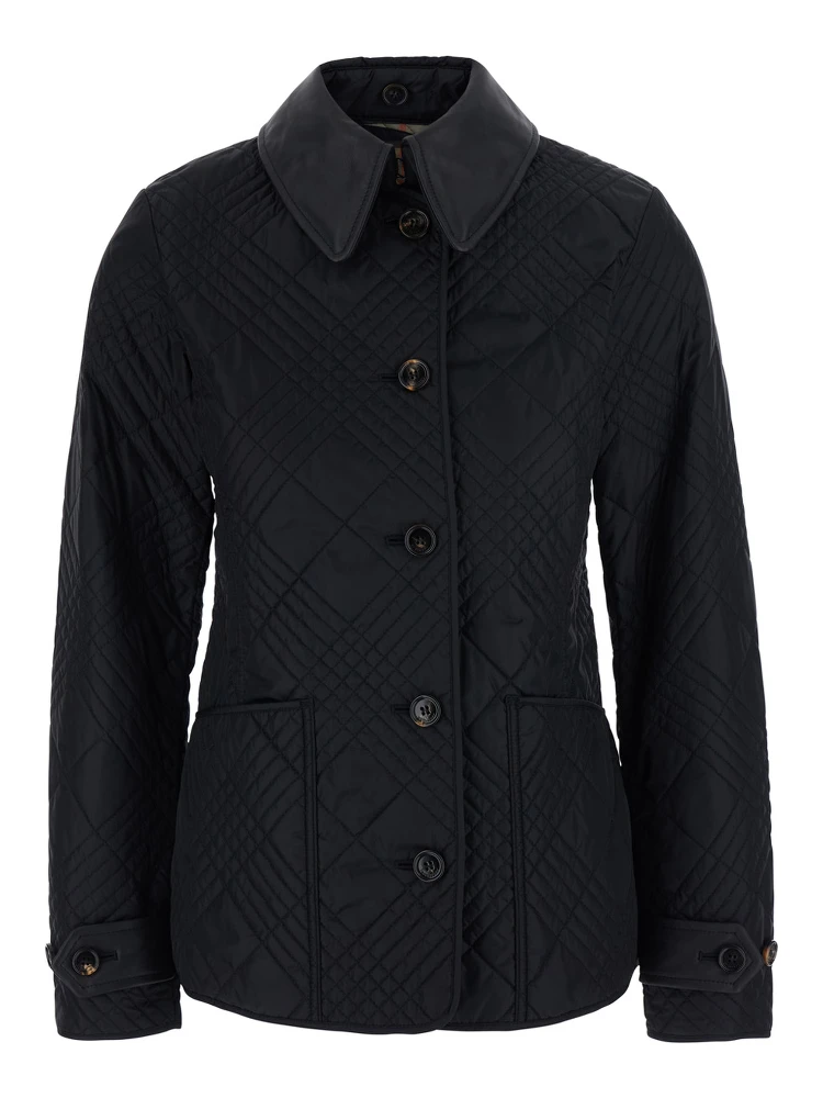 Fernleigh Black Jacket with removable leather collar and all-over Check stitching in quilted tech fabric for women