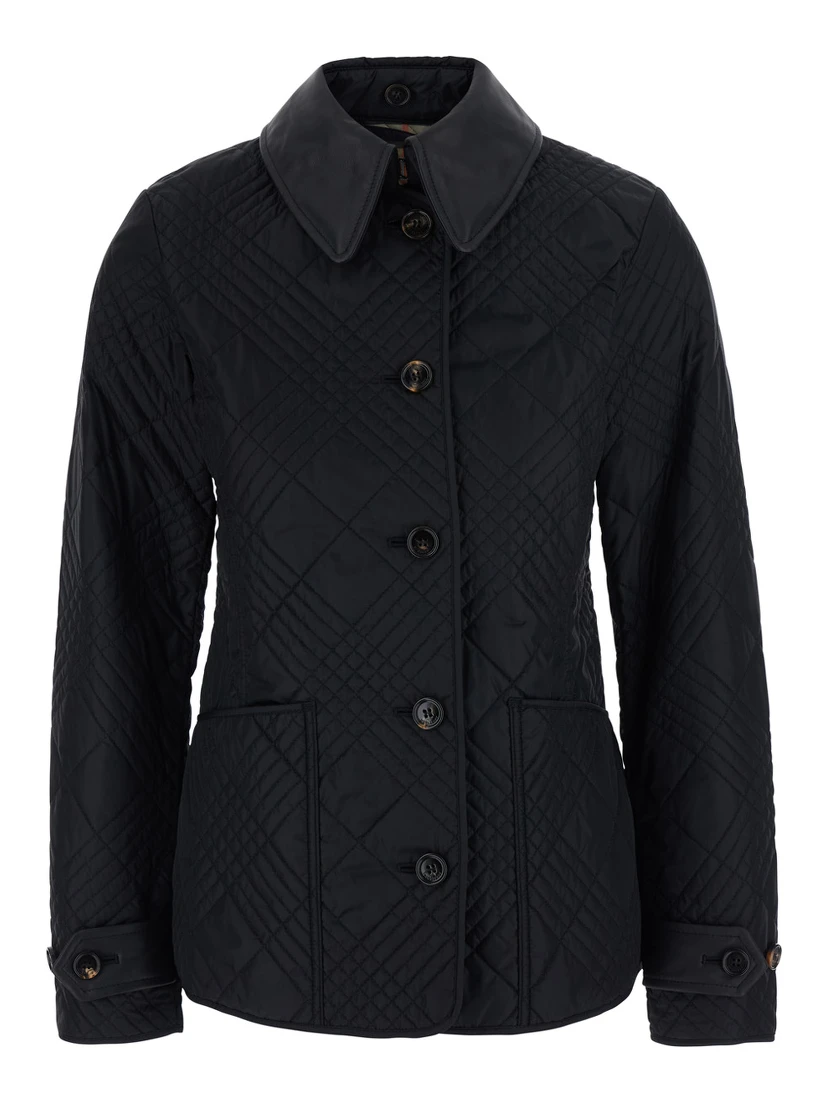 Fernleigh Black Jacket with removable leather collar and all-over Check stitching in quilted tech fabric for women