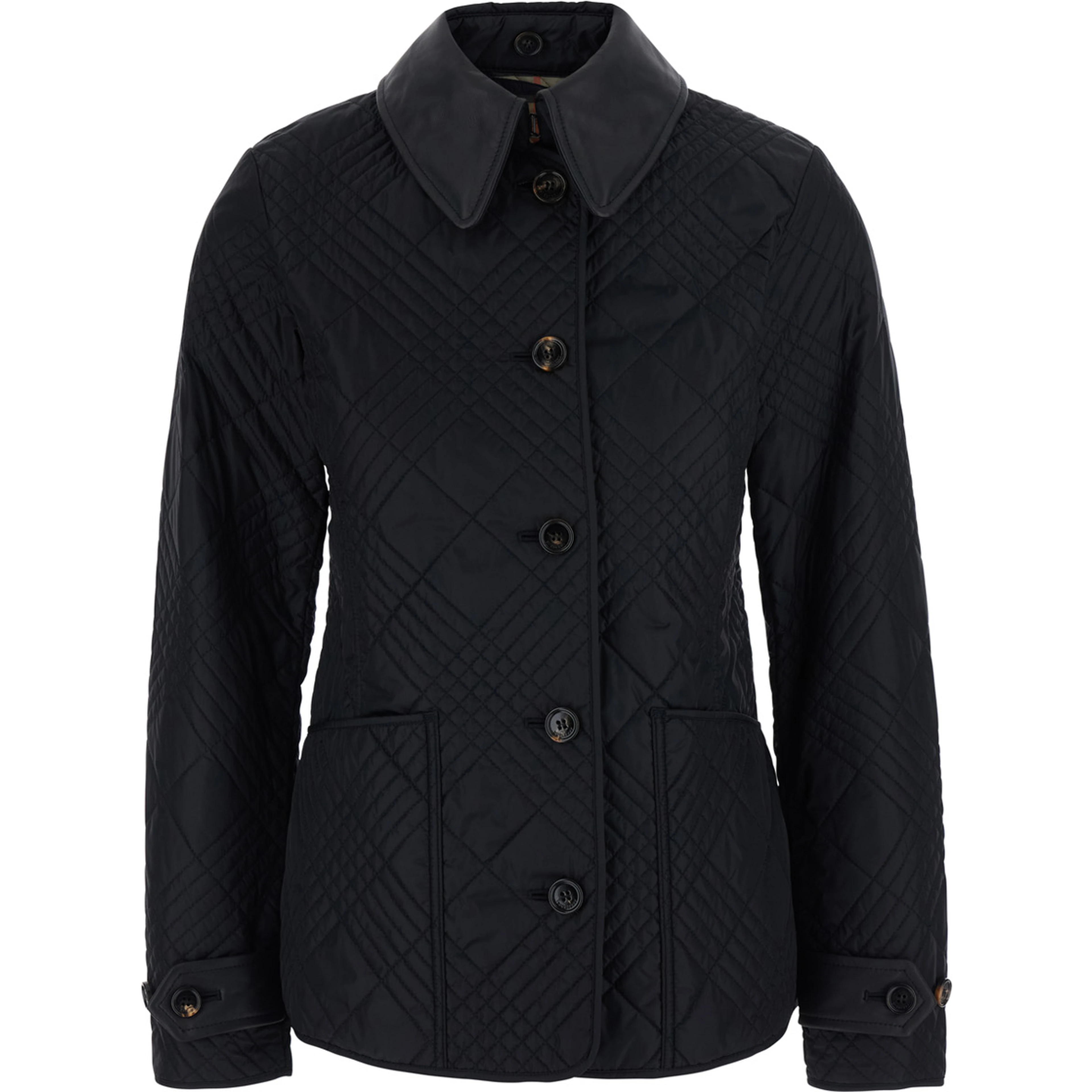 Fernleigh Black Jacket with removable leather collar and all-over Check stitching in quilted tech fabric for women